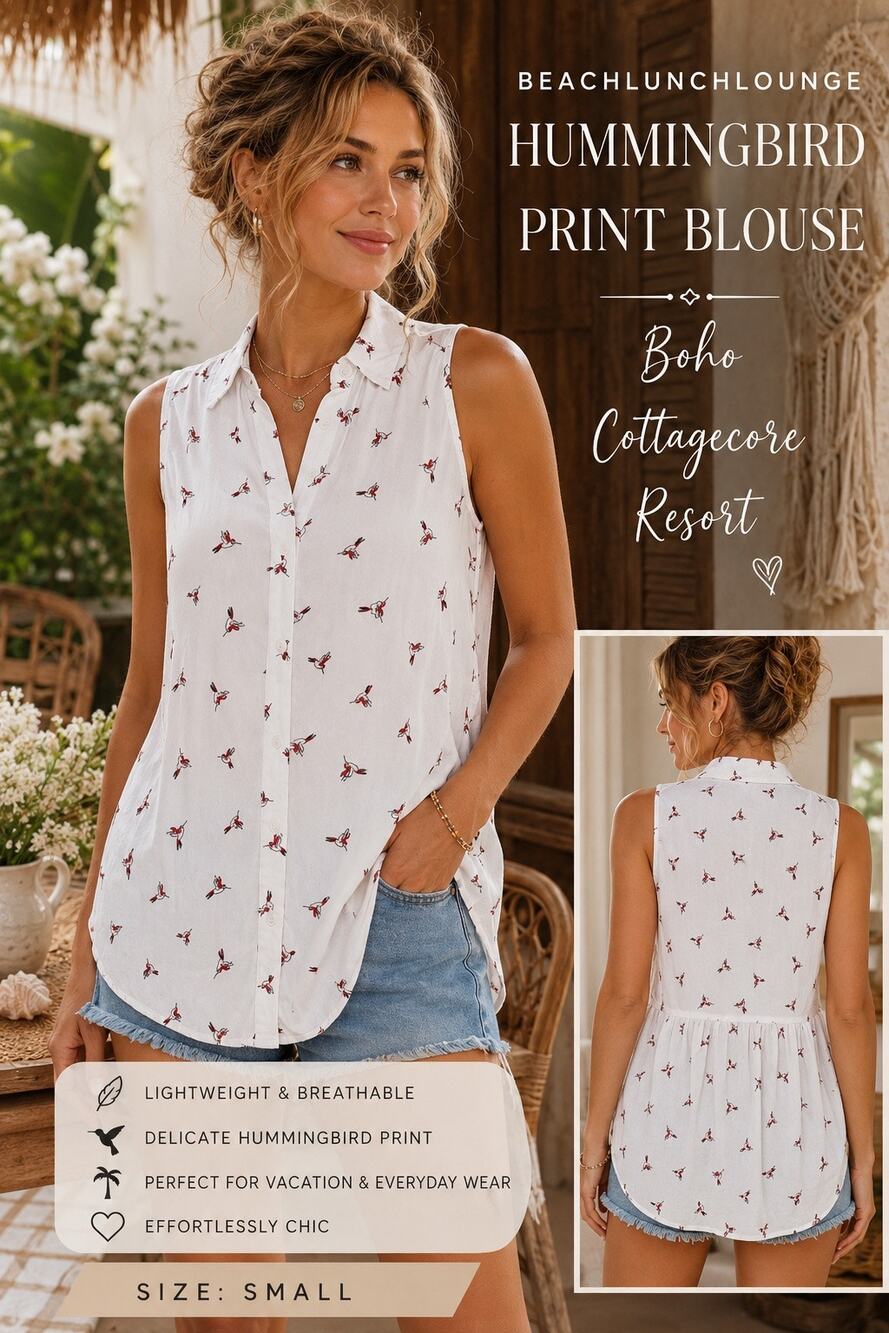 BeachLunchLounge Hummingbird Print Sleeveless Blouse White Collared Boho Casual